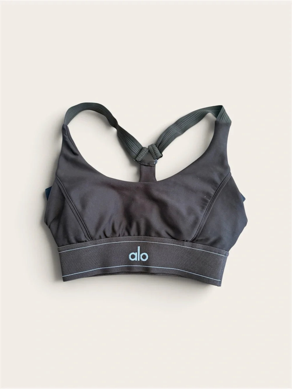 Alo Women's Brown Sports Bra with Light Blue Logo